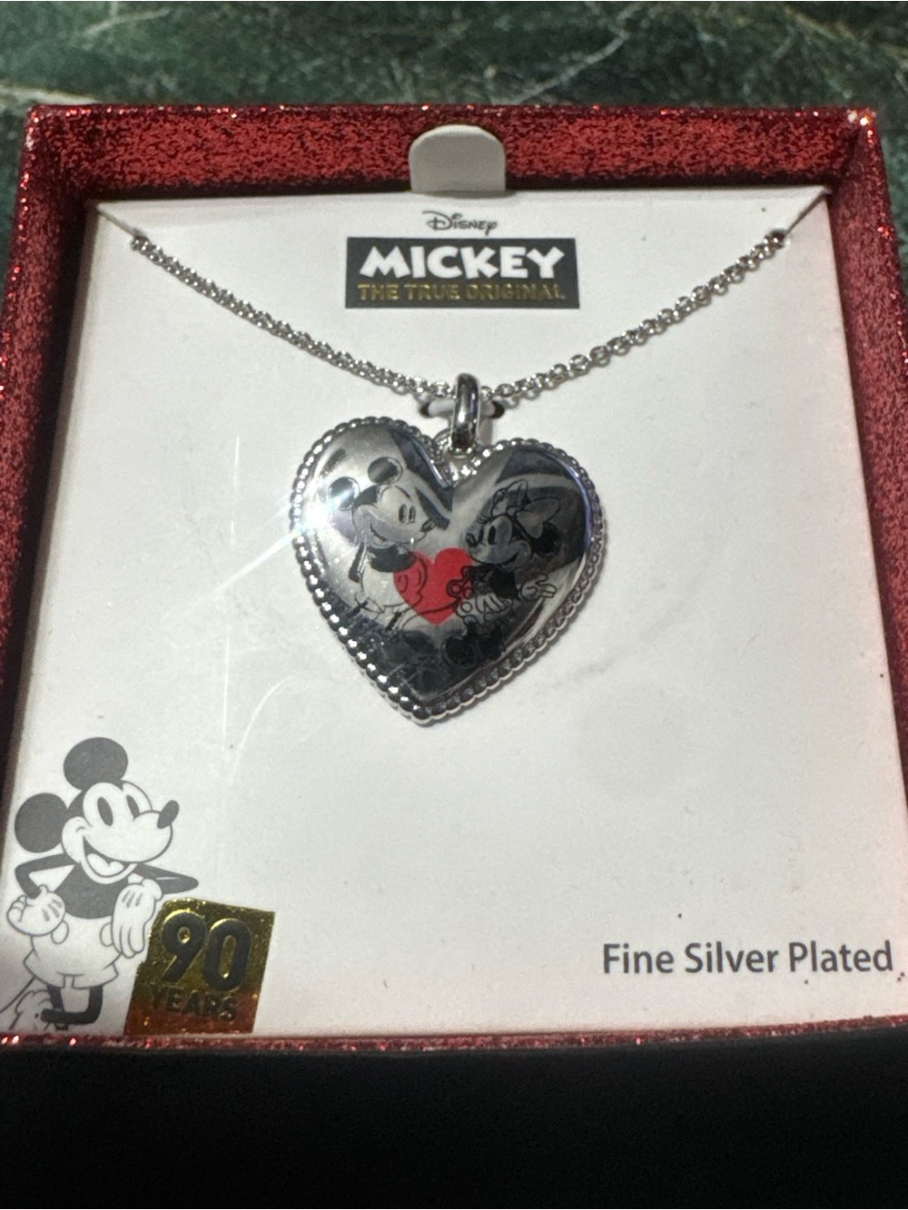 Disney Silver-Plated Heart Pendant Necklace with Red Heart Detail nwt